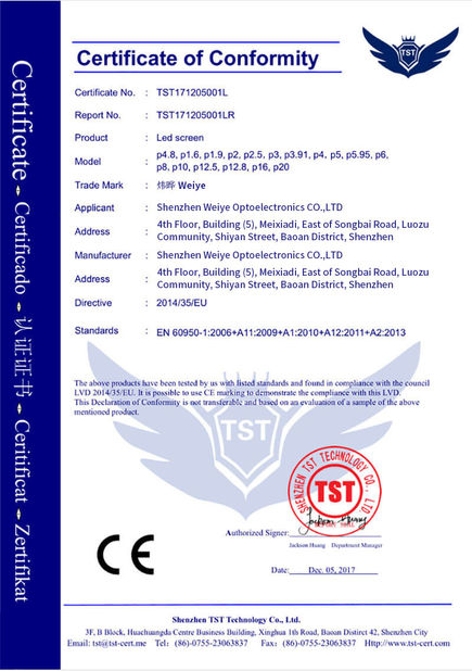 China Shenzhen Weiye Optoelectronics Co., Ltd. certificaten
